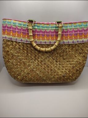 Cappelli Handwoven Straw Tote with Pink Multicolor Crochet Trim